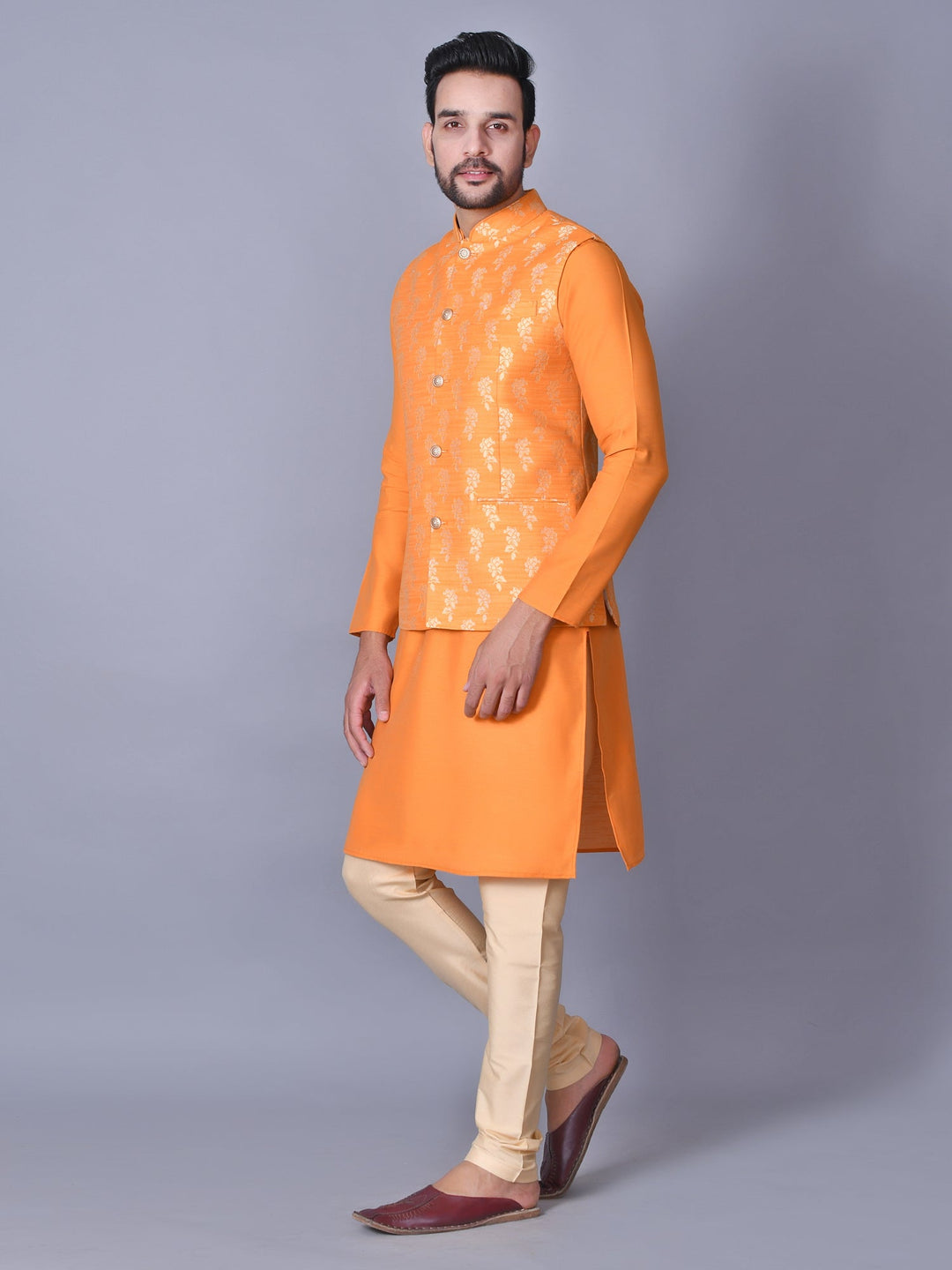 Jacket Kurta Set | Floral Orange Cotton Blend Jacket with Churidar