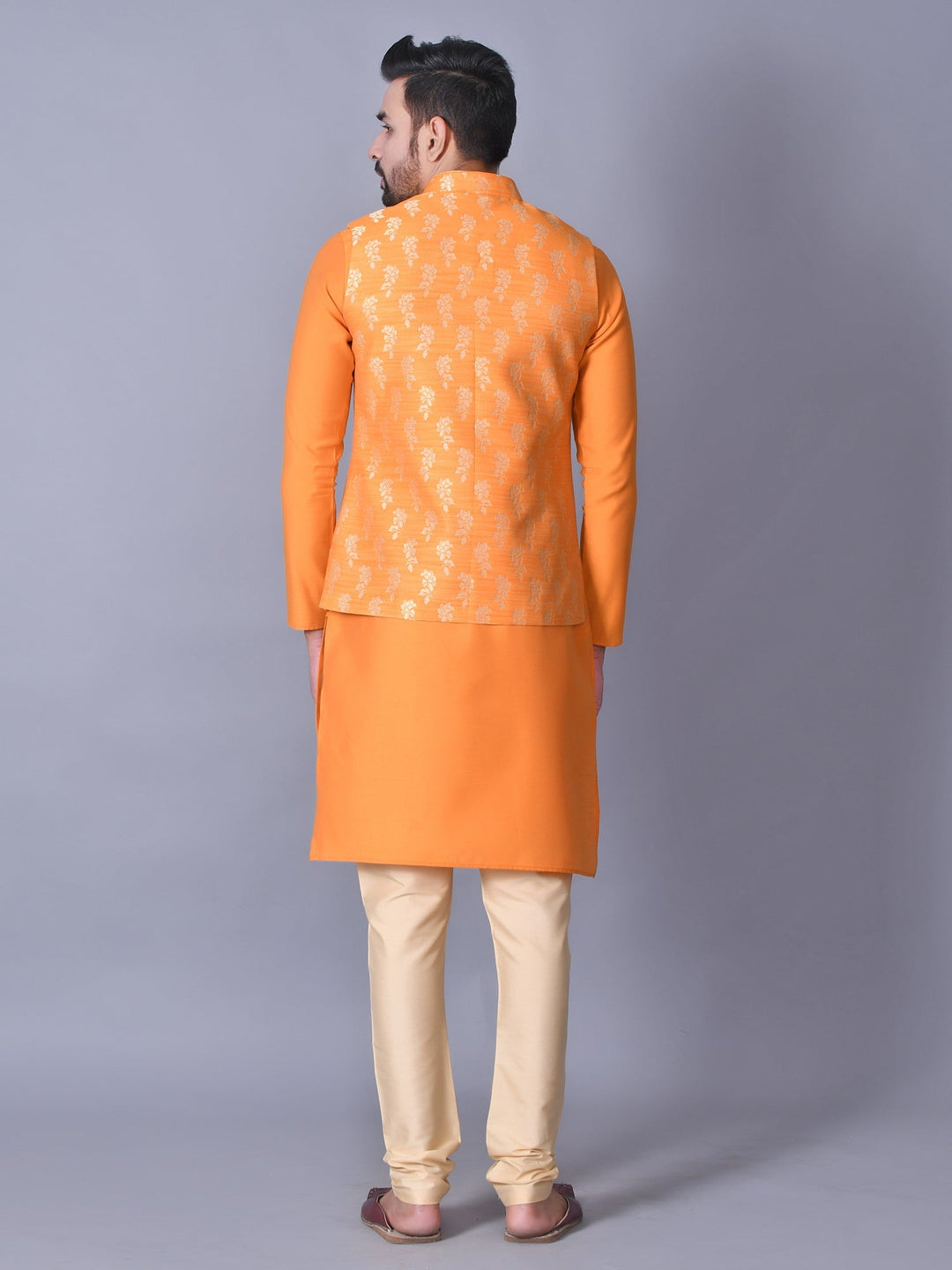 Jacket Kurta Set | Floral Orange Cotton Blend Jacket with Churidar