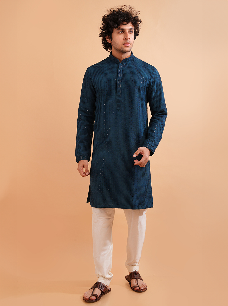 Elegant teal kurta for men, crafted for USA festive occasions.