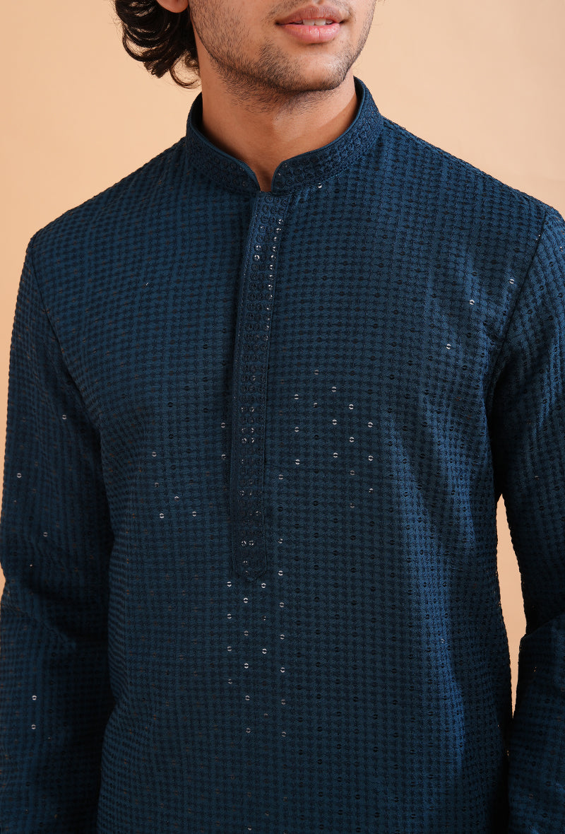 Men’s teal blue embroidered kurta pajama set, ideal for festive and traditional gatherings.