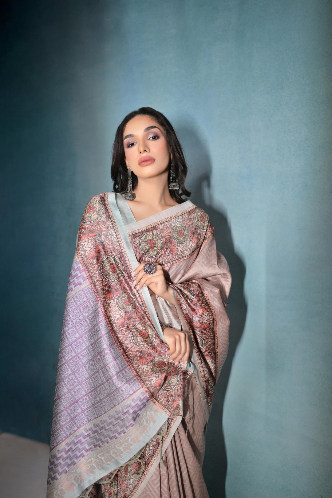 Elegant cotton silk saree with Kalamkari printed border, ideal for celebrations