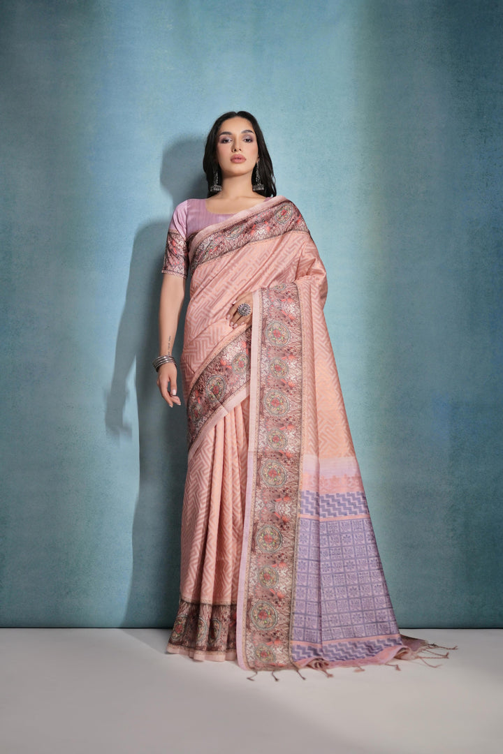 Premium cotton silk saree with woven pallu and tassels, perfect for USA events