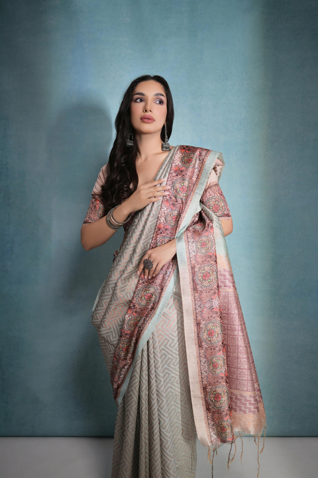 Zari woven cotton silk saree with Kalamkari print, ideal for American festivals