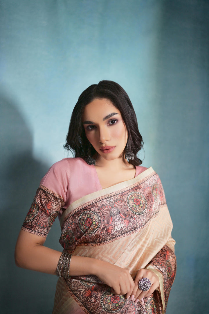 USA festive saree with flower checks weaving and Kalamkari printed border