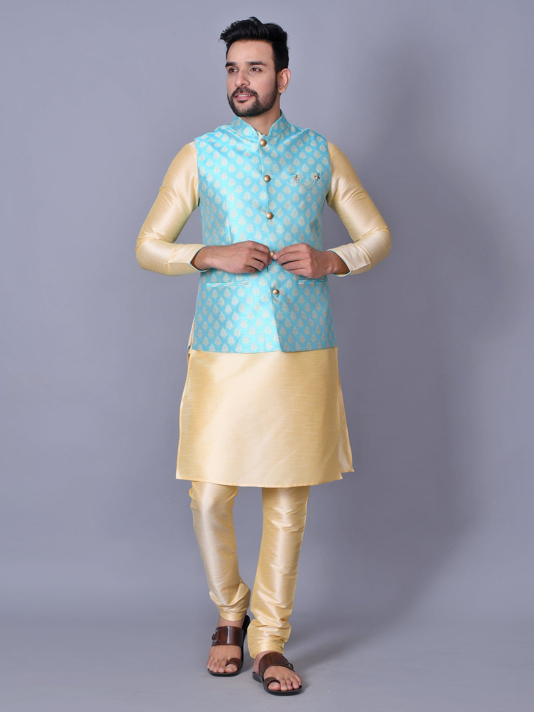 Floral Print Jacket Kurta Set | Stylish Festive Wear in Silk Blend