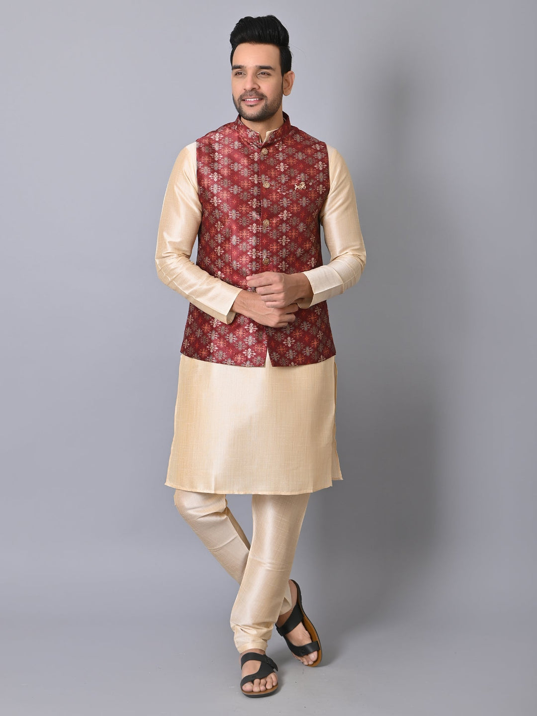 Ethnic Motifs Jacket Kurta Set | Festive Silk Blend Stand Collar Design