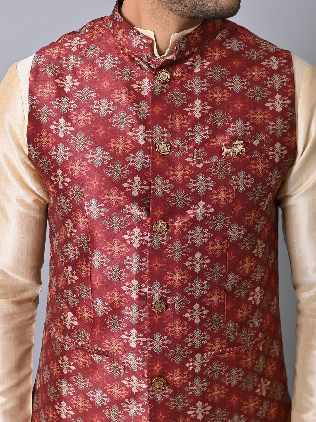 Ethnic Motifs Jacket Kurta Set | Festive Silk Blend Stand Collar Design