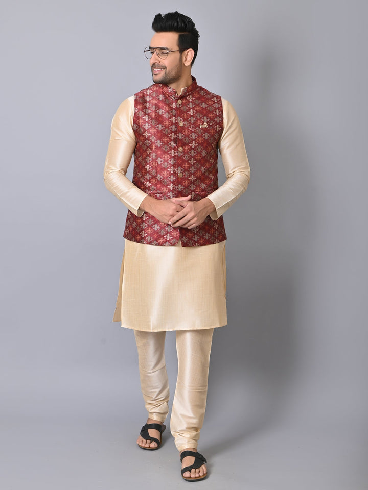 Ethnic Motifs Jacket Kurta Set | Festive Silk Blend Stand Collar Design