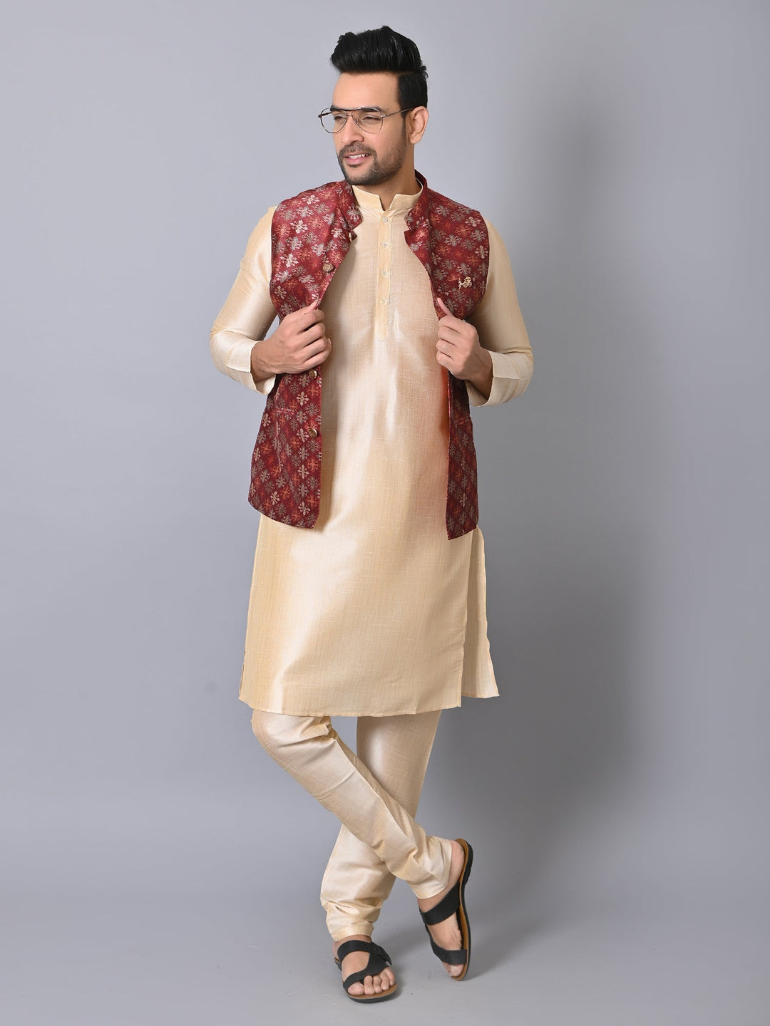 Ethnic Motifs Jacket Kurta Set | Festive Silk Blend Stand Collar Design