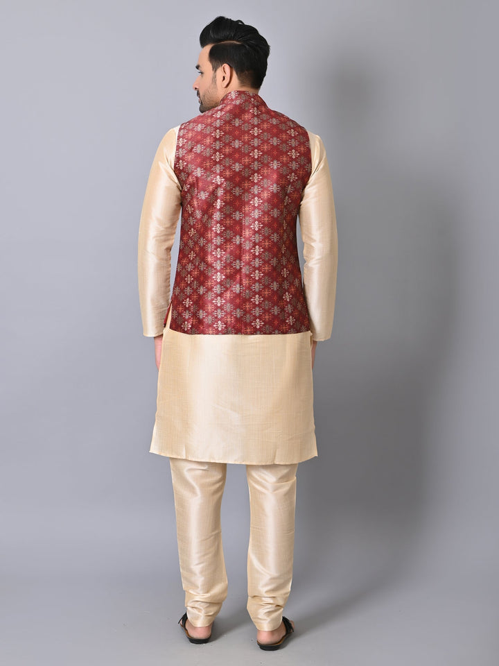 Ethnic Motifs Jacket Kurta Set | Festive Silk Blend Stand Collar Design