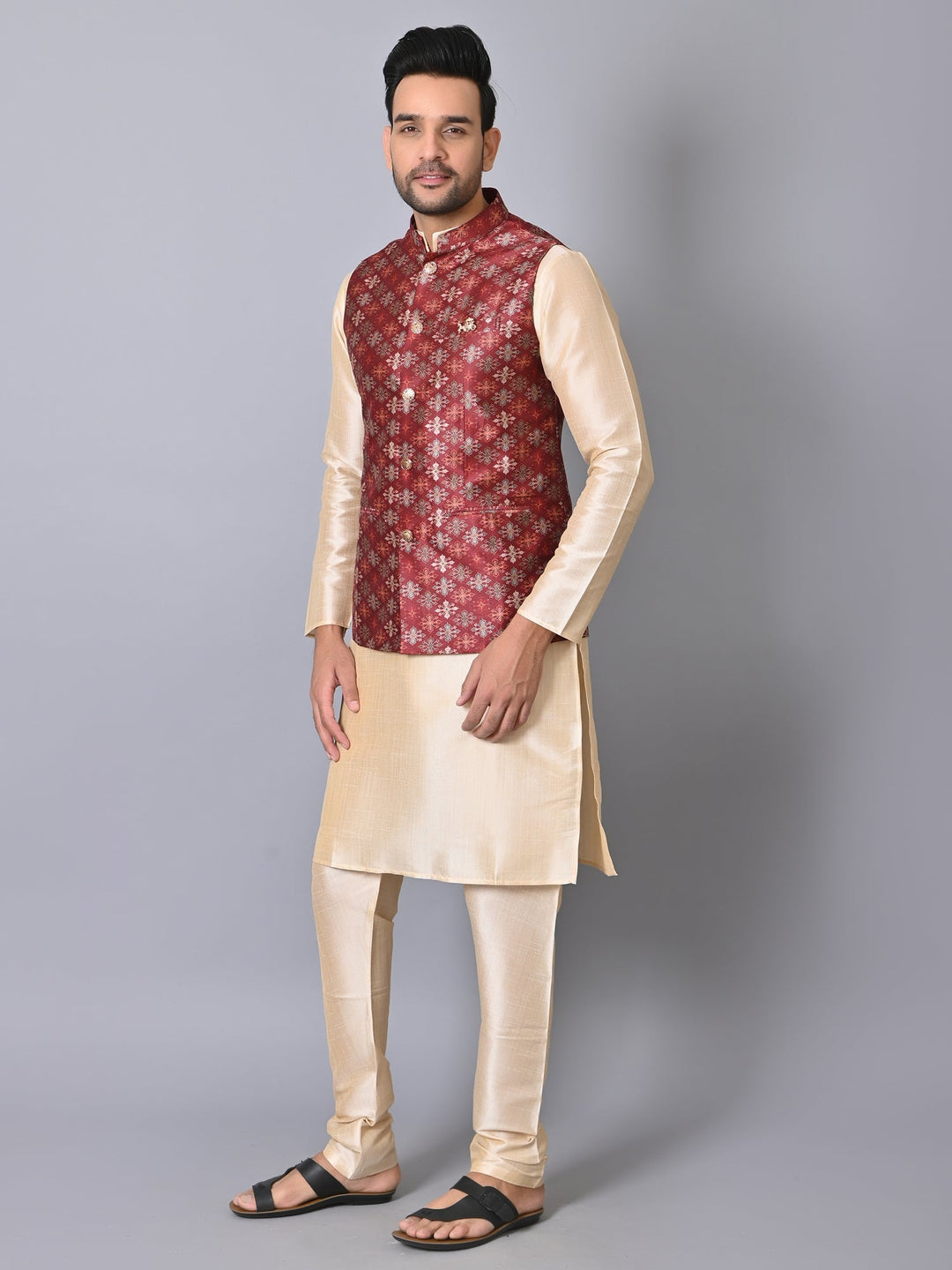 Ethnic Motifs Jacket Kurta Set | Festive Silk Blend Stand Collar Design