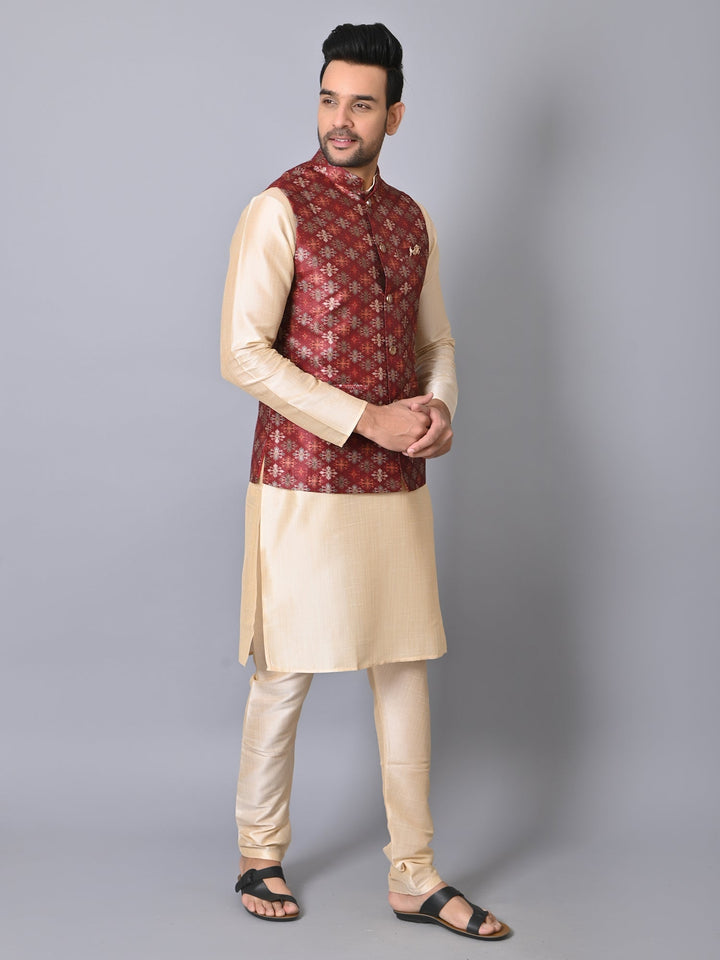 Ethnic Motifs Jacket Kurta Set | Festive Silk Blend Stand Collar Design