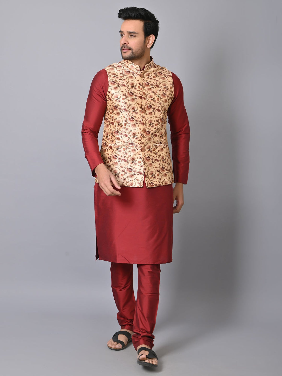 Ethnic Motifs Beige Jacket Kurta Set | Festive Silk Blend Comfort