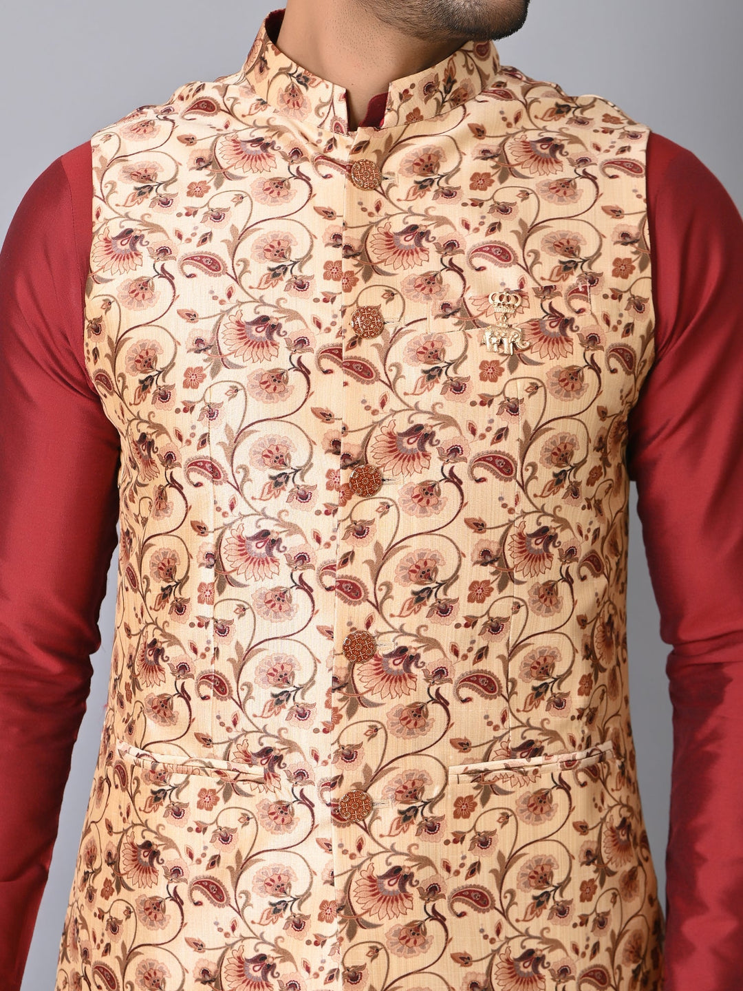 Ethnic Motifs Beige Jacket Kurta Set | Festive Silk Blend Comfort