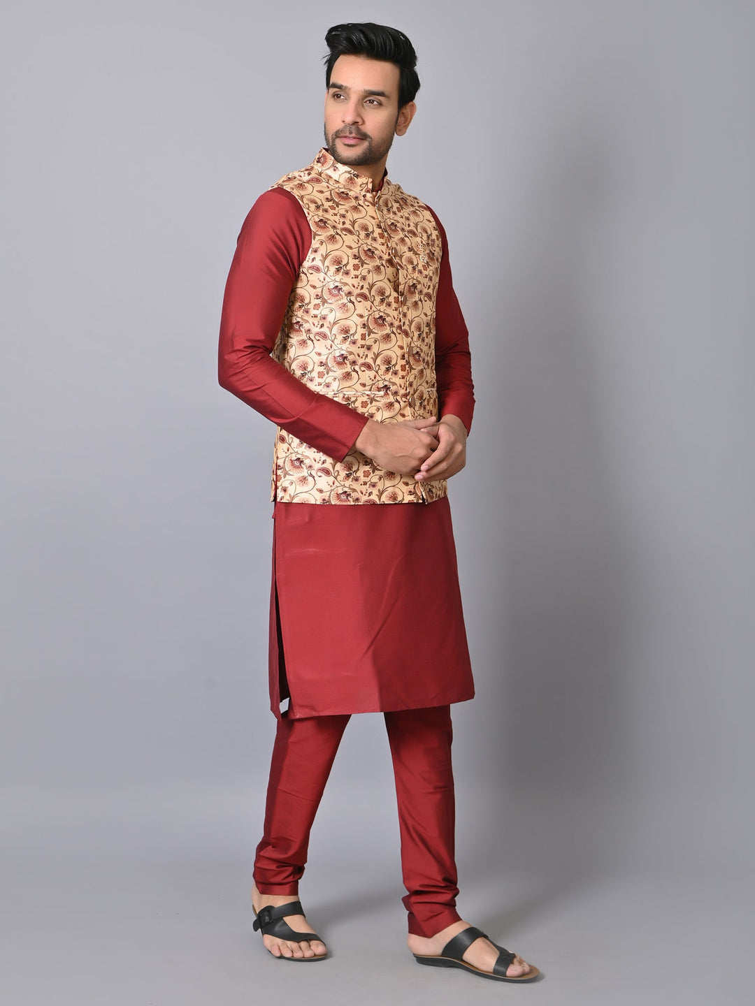 Ethnic Motifs Beige Jacket Kurta Set | Festive Silk Blend Comfort