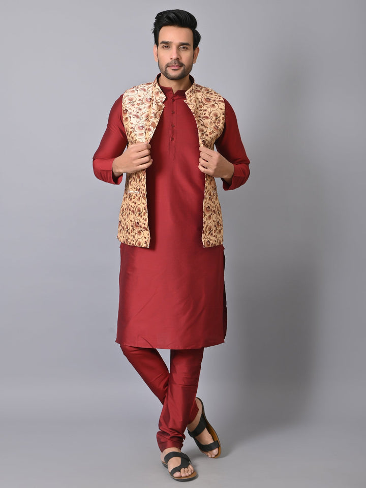 Ethnic Motifs Beige Jacket Kurta Set | Festive Silk Blend Comfort