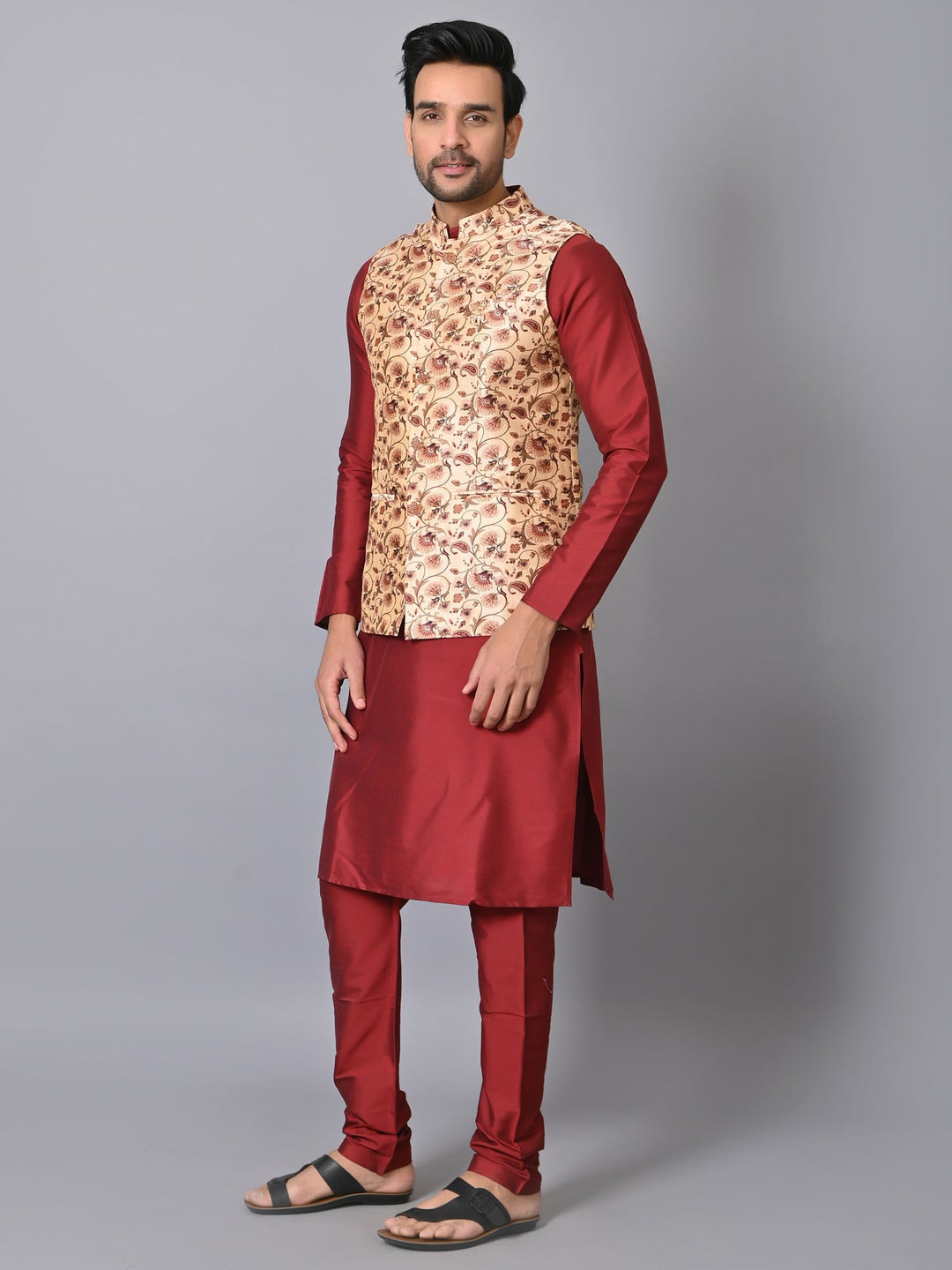 Ethnic Motifs Beige Jacket Kurta Set | Festive Silk Blend Comfort