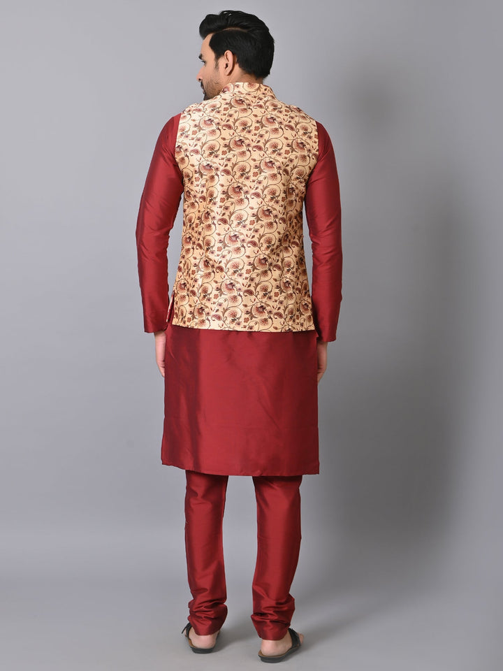 Ethnic Motifs Beige Jacket Kurta Set | Festive Silk Blend Comfort