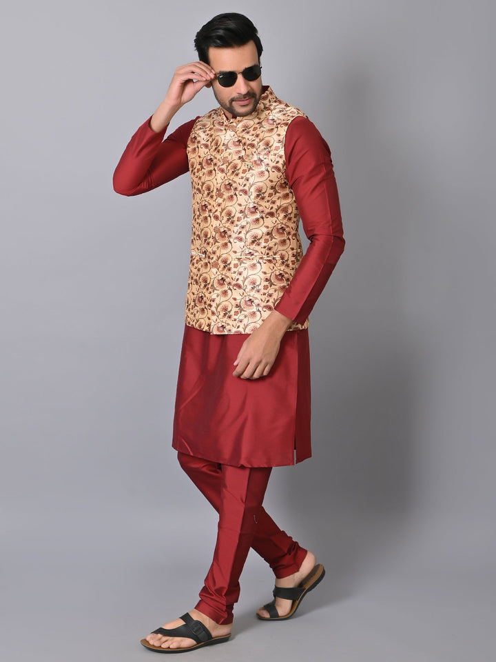 Ethnic Motifs Beige Jacket Kurta Set | Festive Silk Blend Comfort