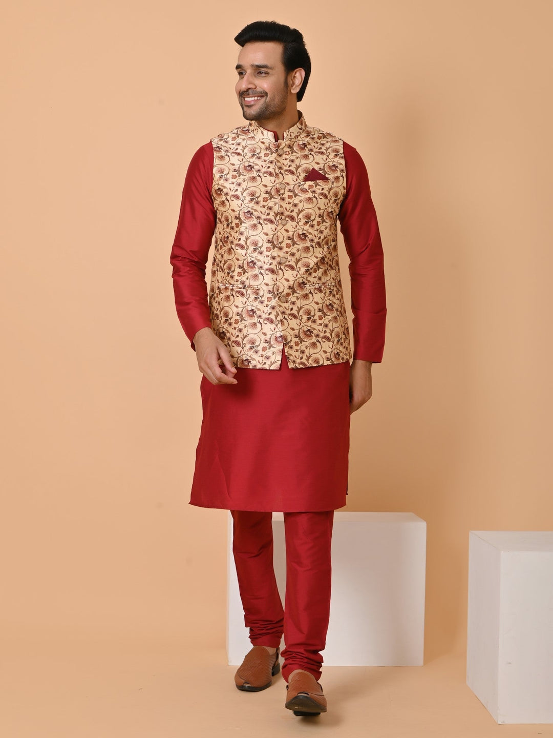 Ethnic Motifs Silk Blend Jacket Kurta Set | Festive Wear for Men