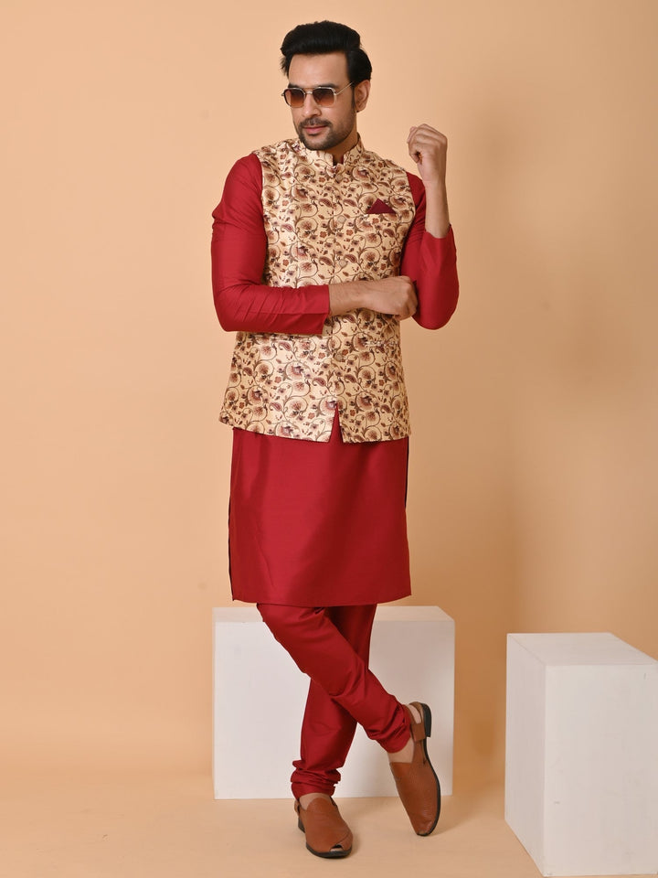 Ethnic Motifs Silk Blend Jacket Kurta Set | Festive Wear for Men