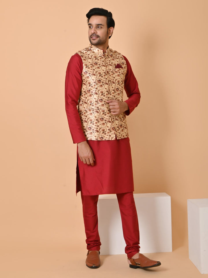 Ethnic Motifs Silk Blend Jacket Kurta Set | Festive Wear for Men