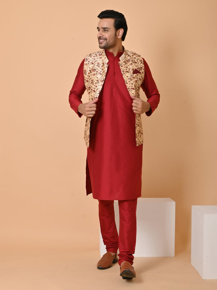 Ethnic Motifs Silk Blend Jacket Kurta Set | Festive Wear for Men