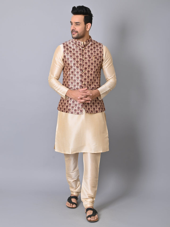 Ethnic Motifs Jacket Kurta Set | Silk Blend Stand Collar Festive Wear