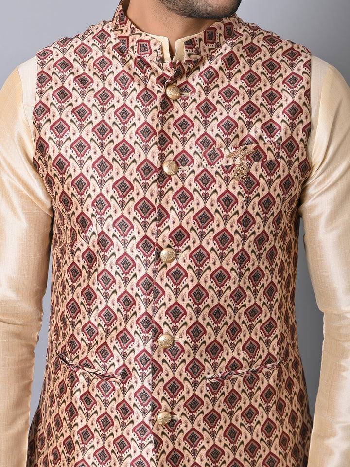 Ethnic Motifs Jacket Kurta Set | Silk Blend Stand Collar Festive Wear