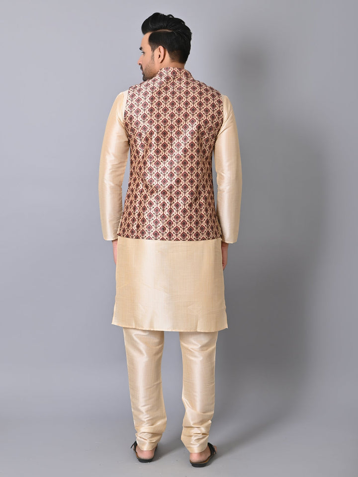 Ethnic Motifs Jacket Kurta Set | Silk Blend Stand Collar Festive Wear