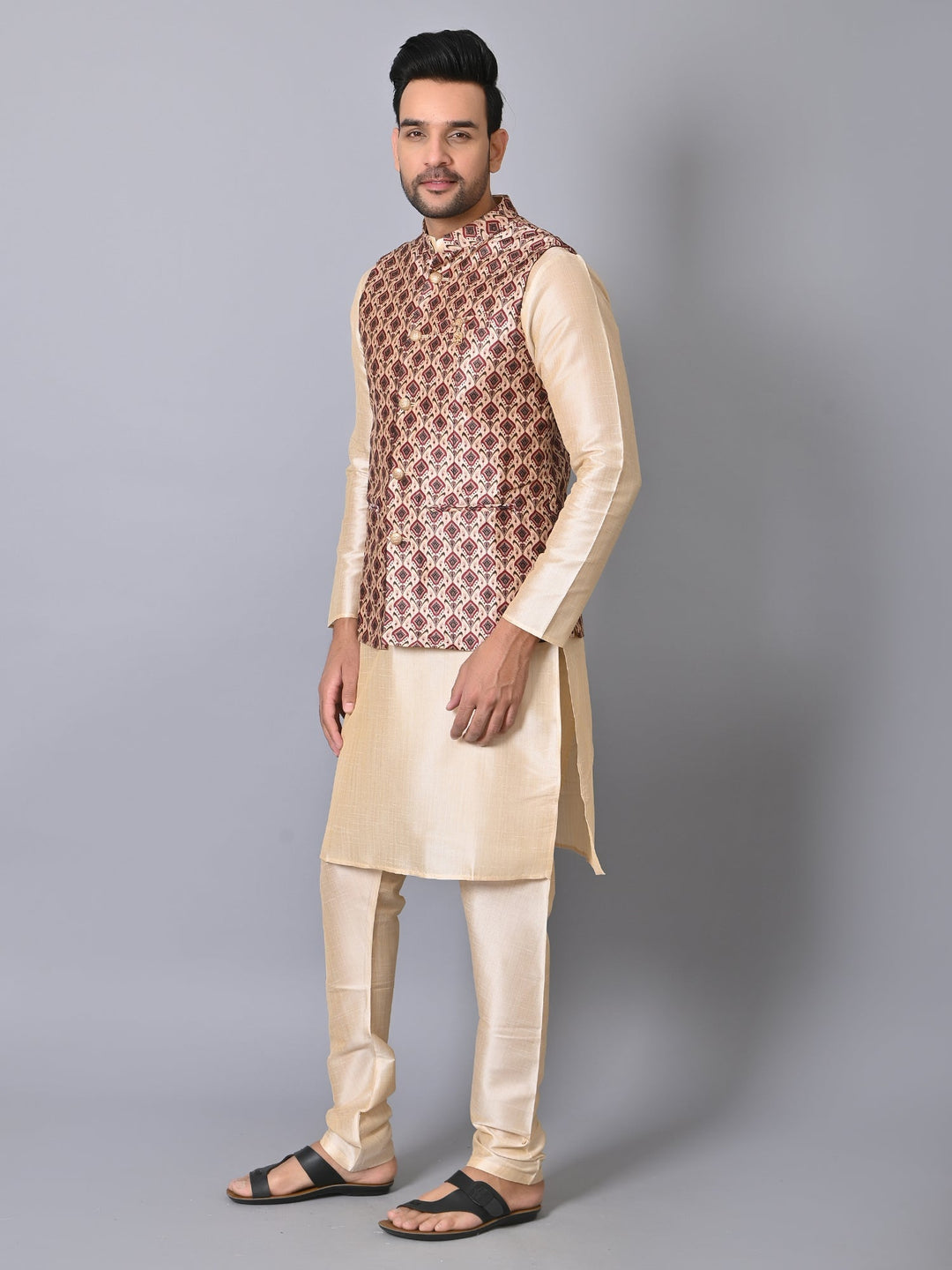 Ethnic Motifs Jacket Kurta Set | Silk Blend Stand Collar Festive Wear