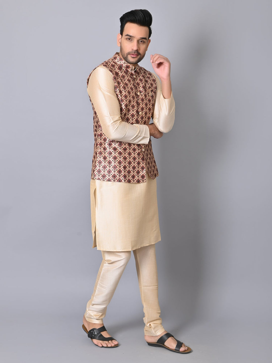 Ethnic Motifs Jacket Kurta Set | Silk Blend Stand Collar Festive Wear