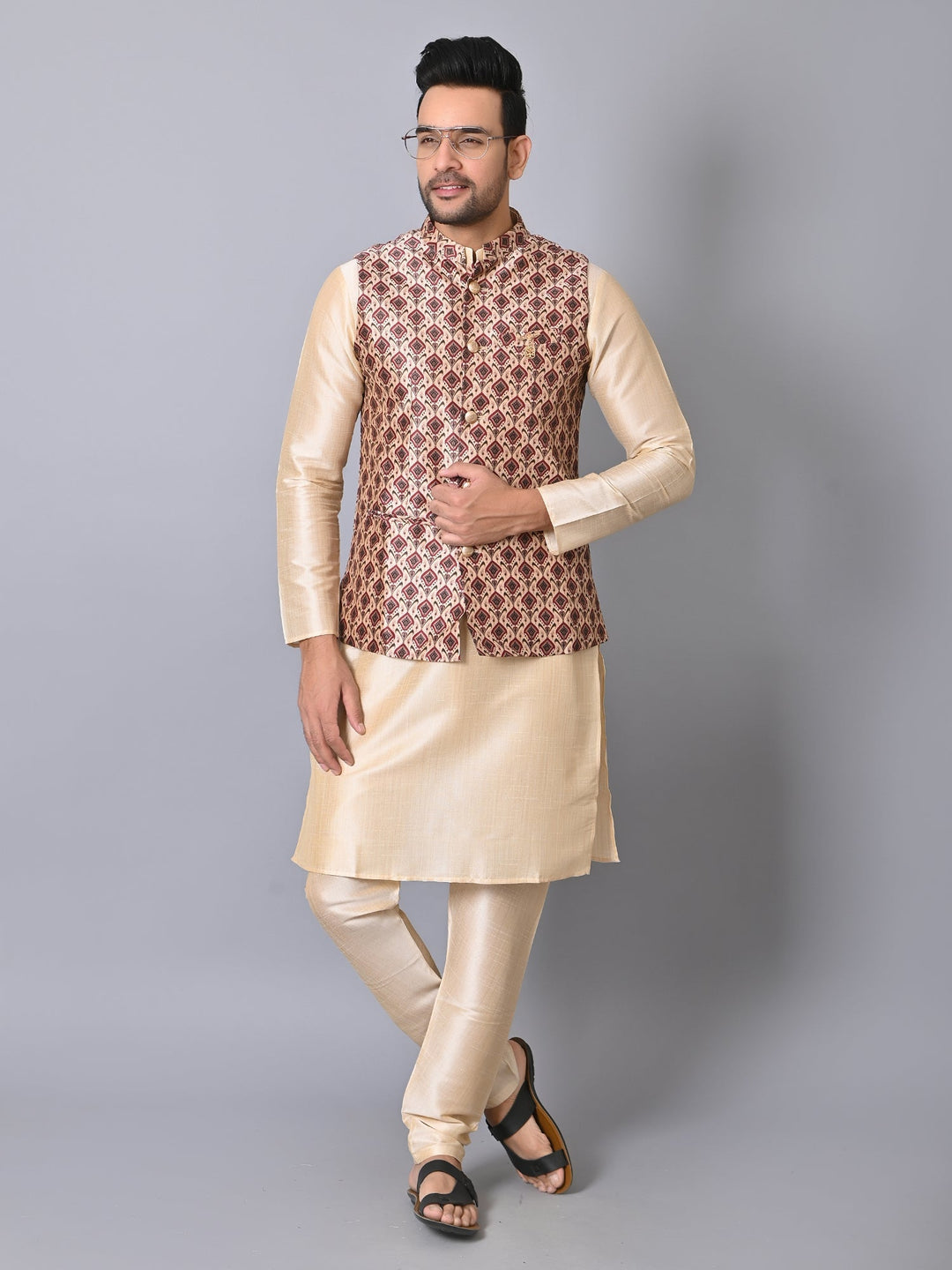 Ethnic Motifs Jacket Kurta Set | Silk Blend Stand Collar Festive Wear