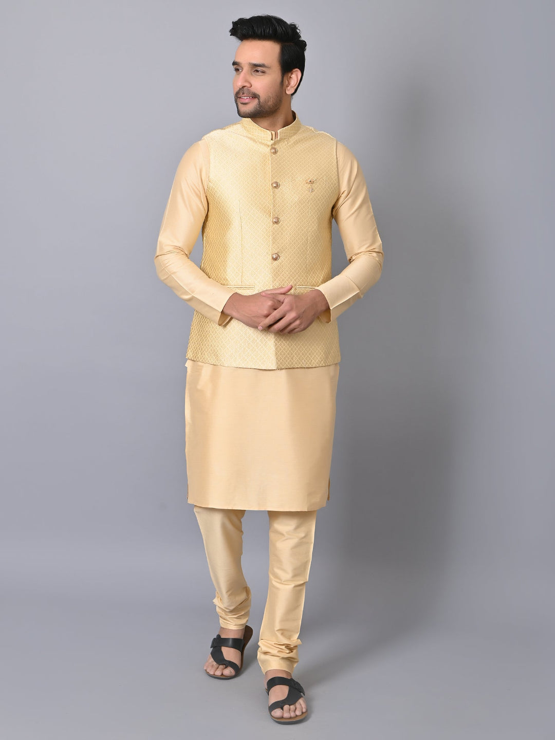 Geometric Beige Jacket Kurta Set | Embroidered Silk Blend Festive Wear