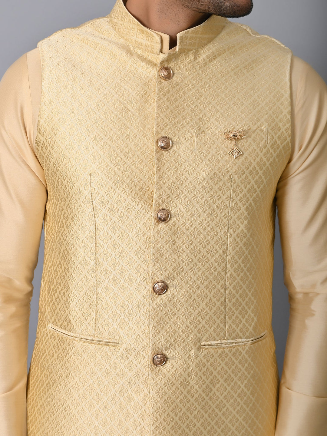 Geometric Beige Jacket Kurta Set | Embroidered Silk Blend Festive Wear