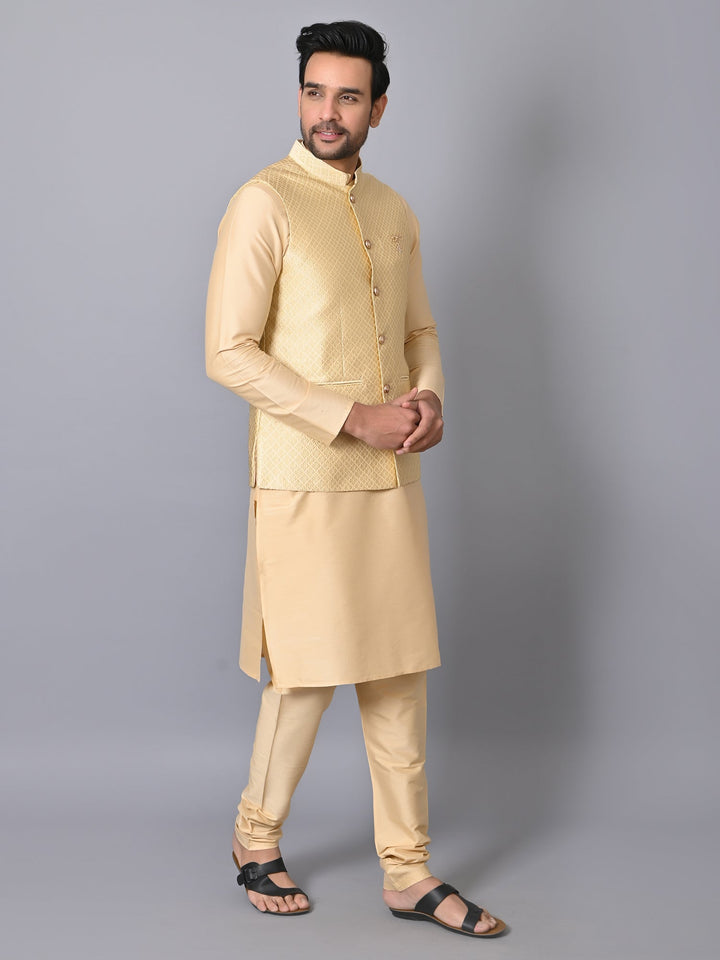 Geometric Beige Jacket Kurta Set | Embroidered Silk Blend Festive Wear