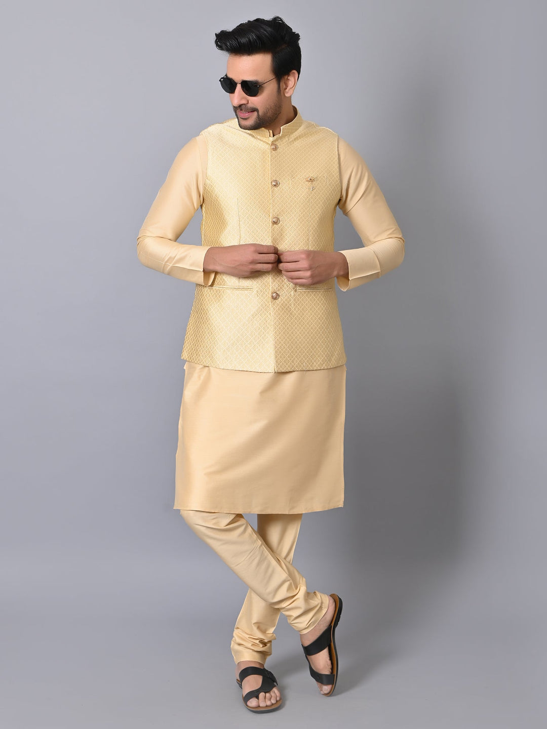 Geometric Beige Jacket Kurta Set | Embroidered Silk Blend Festive Wear