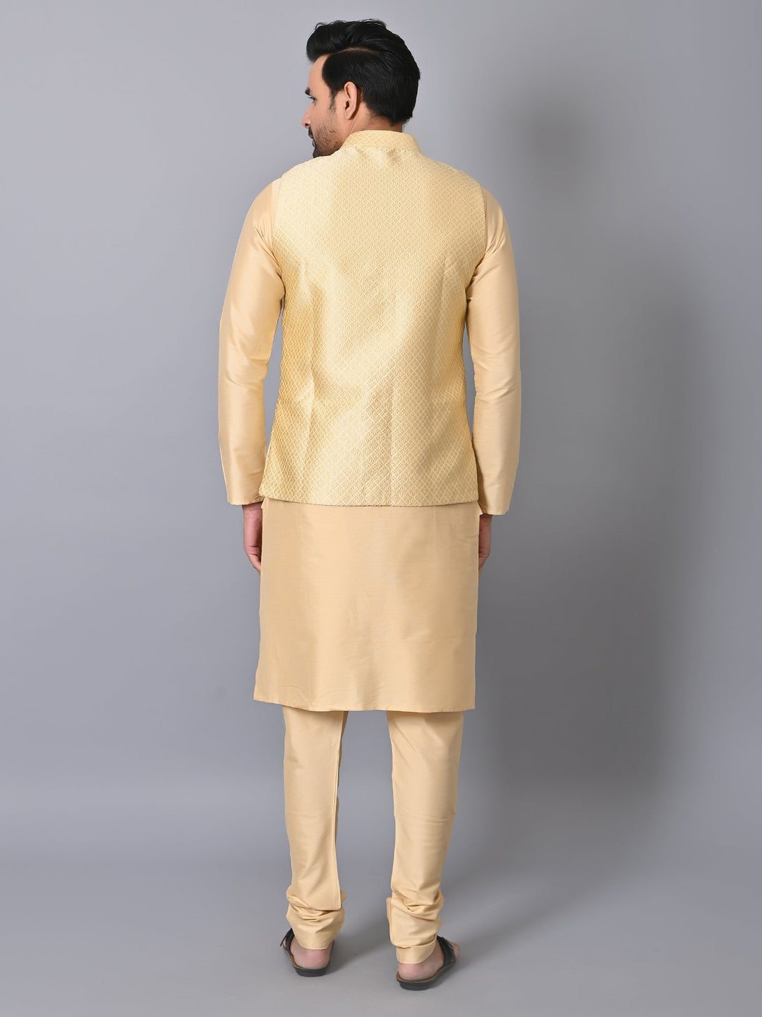 Geometric Beige Jacket Kurta Set | Embroidered Silk Blend Festive Wear