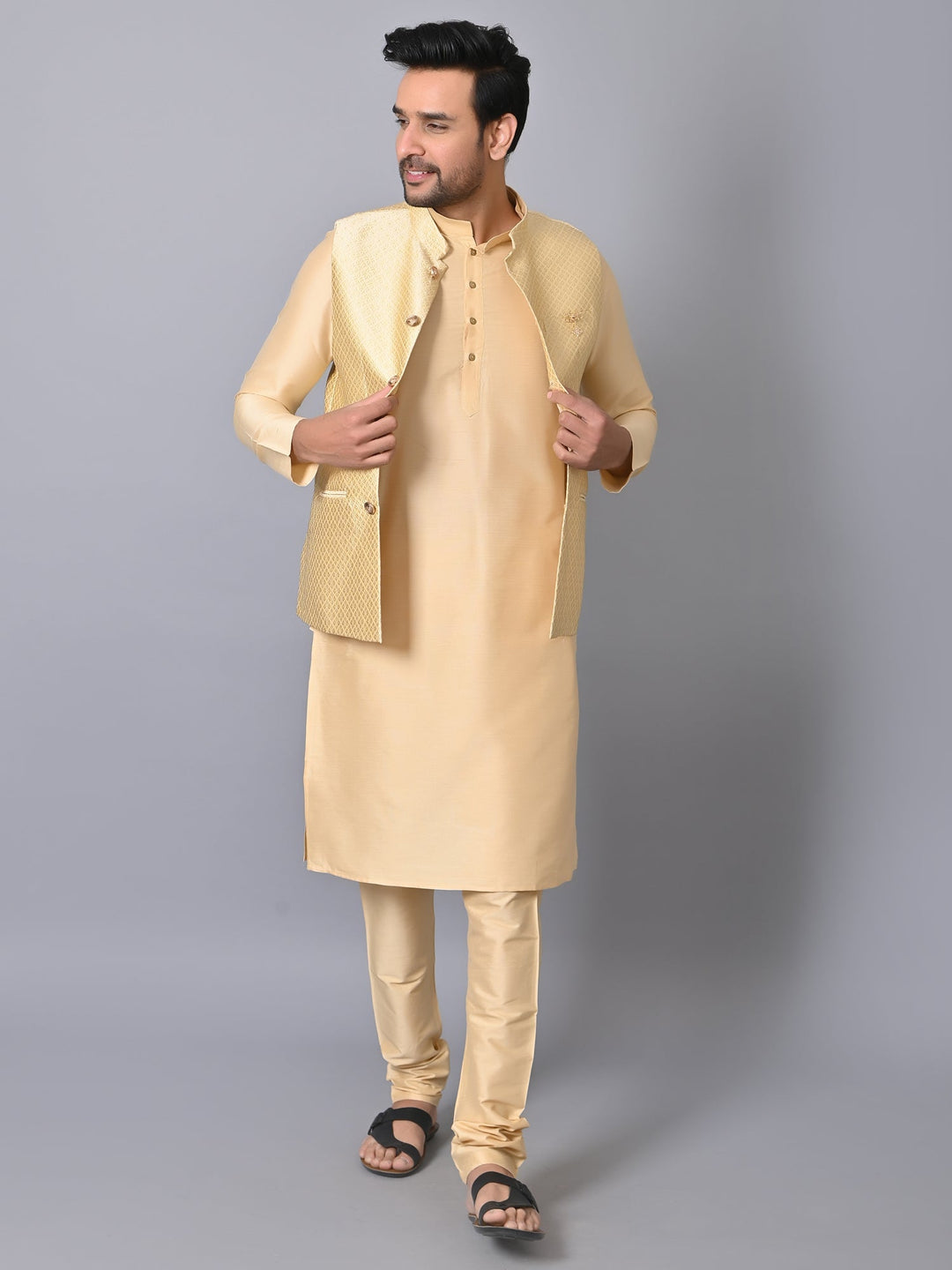 Geometric Beige Jacket Kurta Set | Embroidered Silk Blend Festive Wear