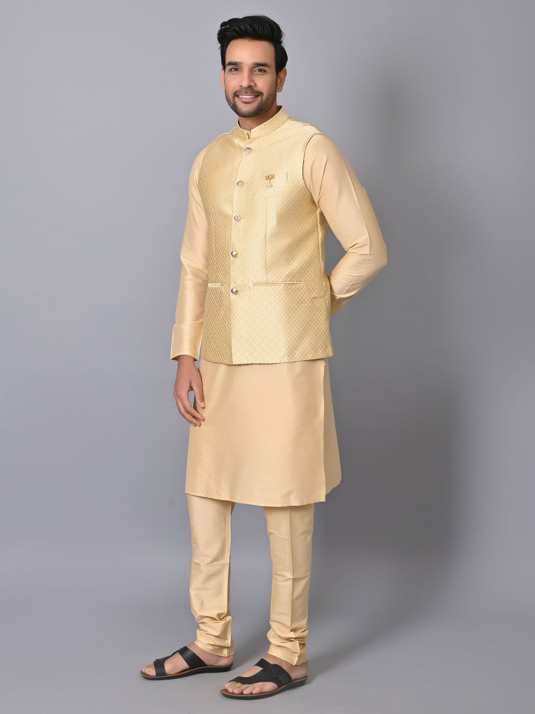 Geometric Beige Jacket Kurta Set | Embroidered Silk Blend Festive Wear