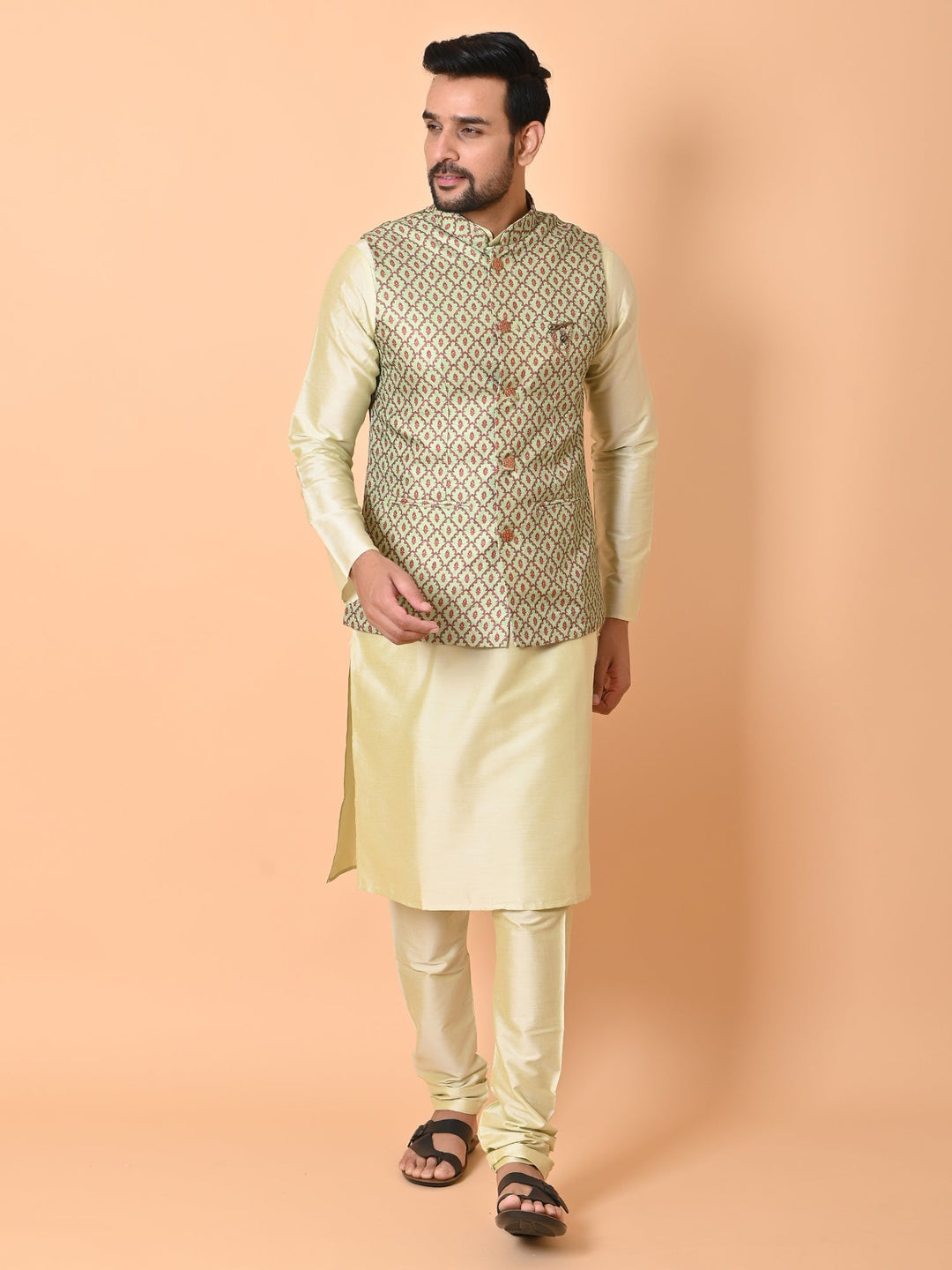 Ethnic Motifs Jacket Kurta Set | Festive Printed Cotton Blend Attire