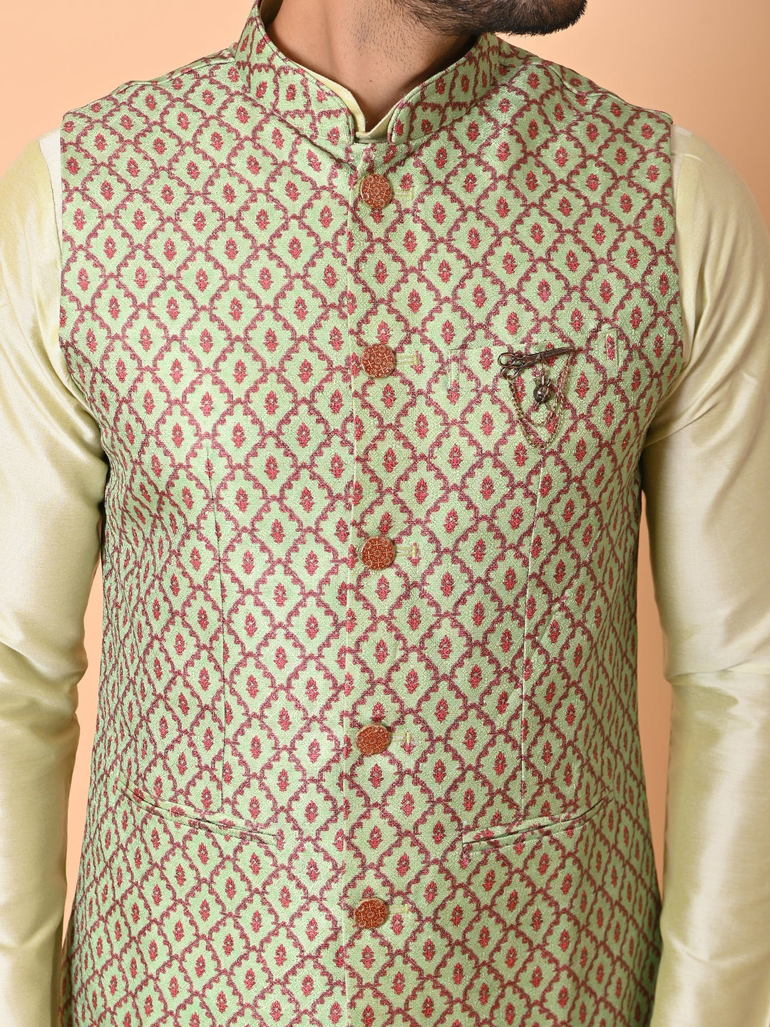 Ethnic Motifs Jacket Kurta Set | Festive Printed Cotton Blend Attire