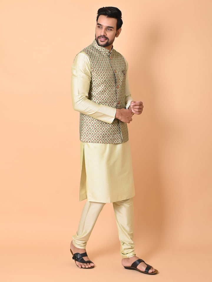 Ethnic Motifs Jacket Kurta Set | Festive Printed Cotton Blend Attire