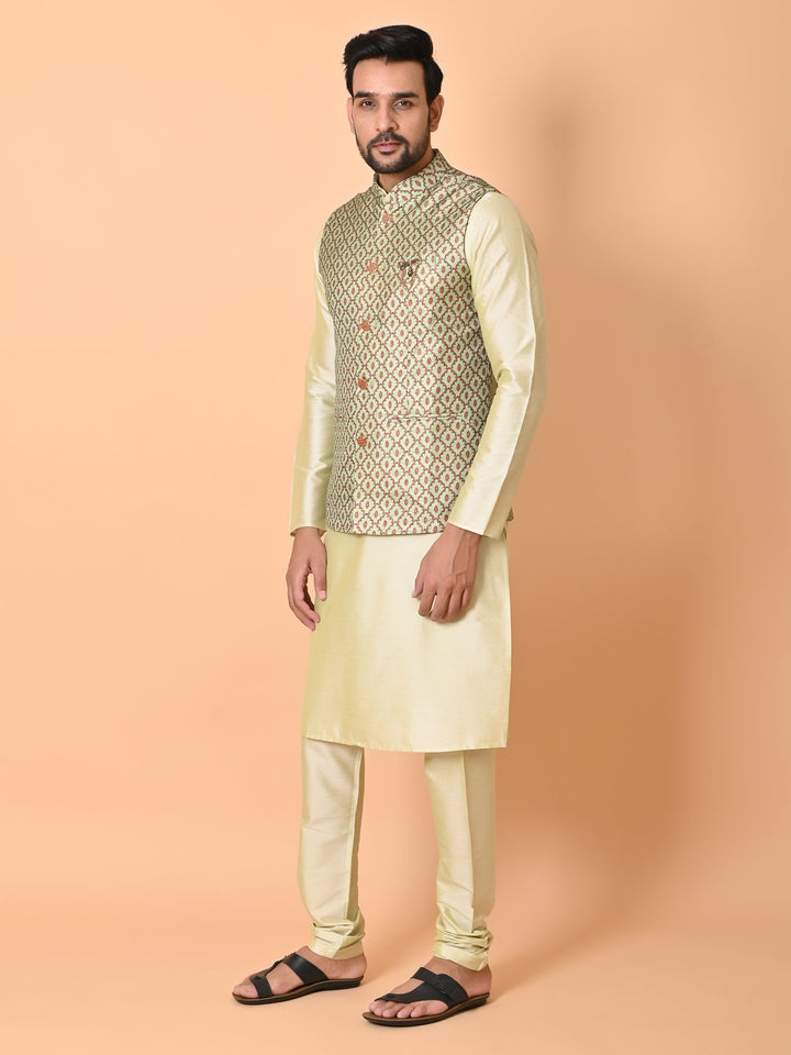 Ethnic Motifs Jacket Kurta Set | Festive Printed Cotton Blend Attire