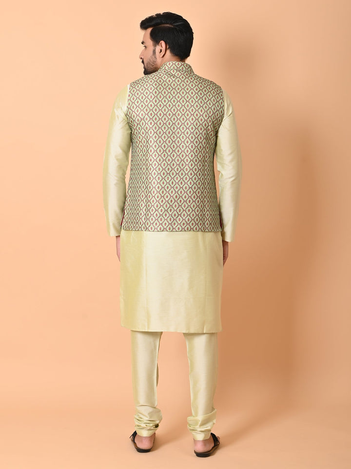 Ethnic Motifs Jacket Kurta Set | Festive Printed Cotton Blend Attire