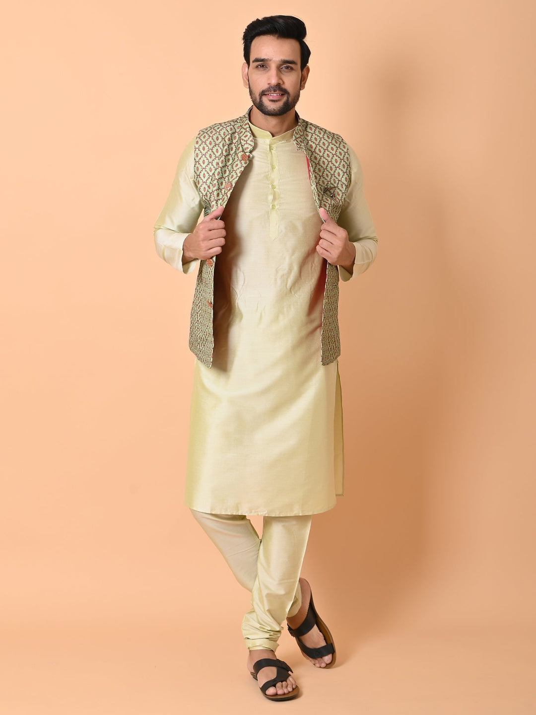 Ethnic Motifs Jacket Kurta Set | Festive Printed Cotton Blend Attire