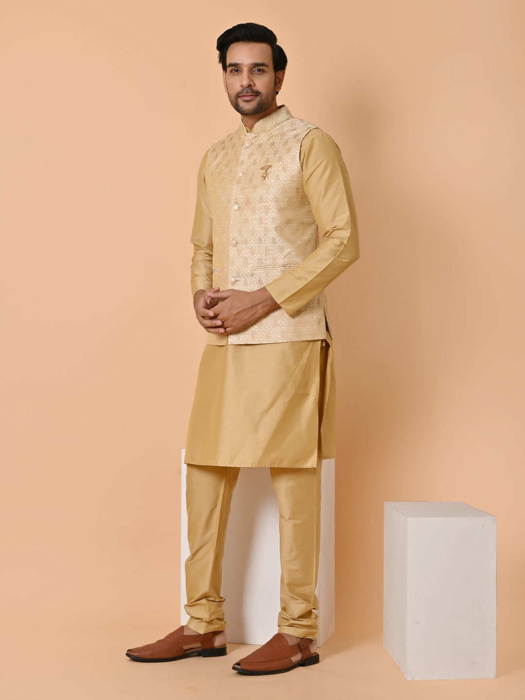 Ethnic Motifs Silk Blend Jacket Kurta Set | Festive Stand Collar Design