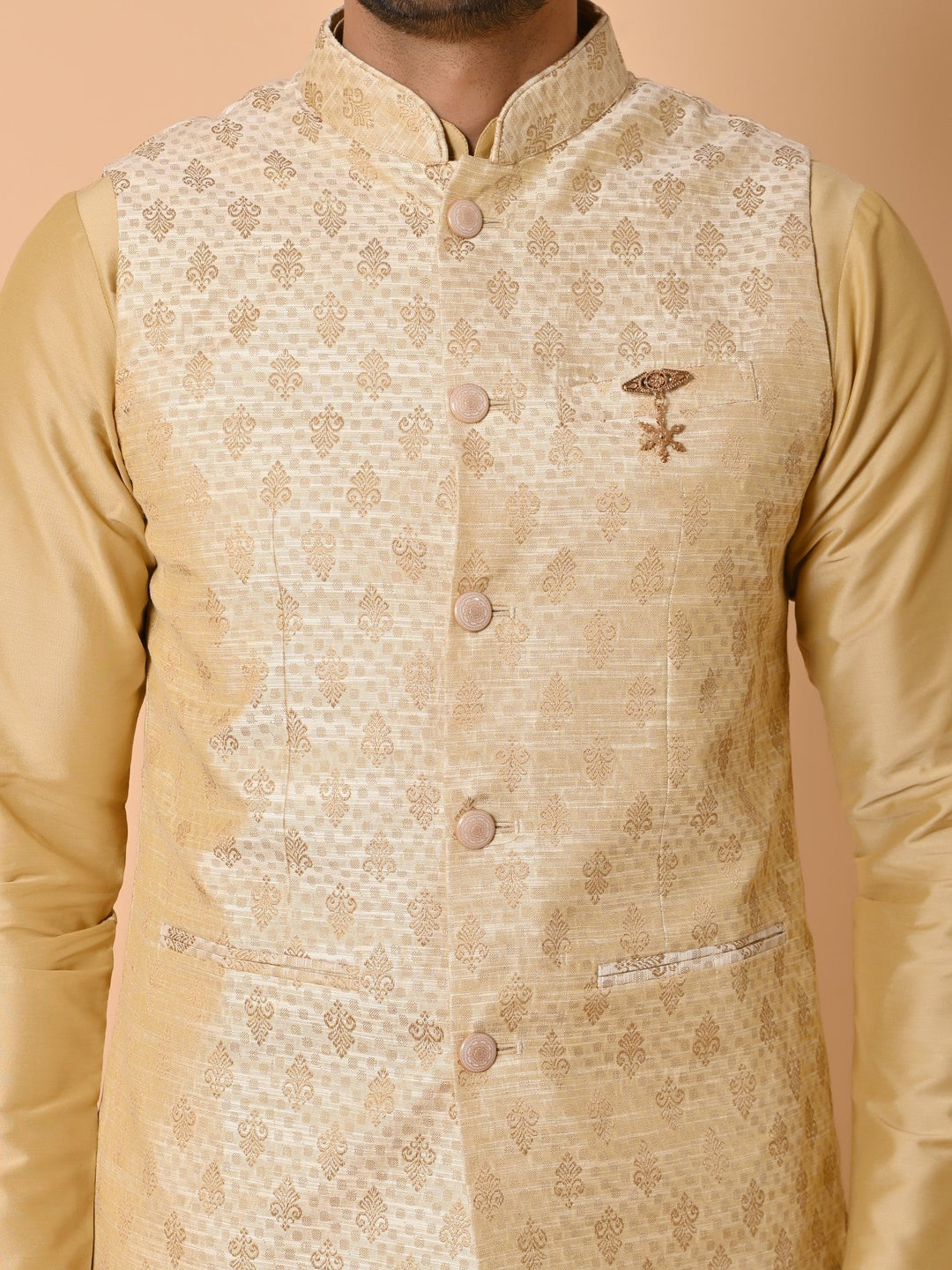 Ethnic Motifs Silk Blend Jacket Kurta Set | Festive Stand Collar Design