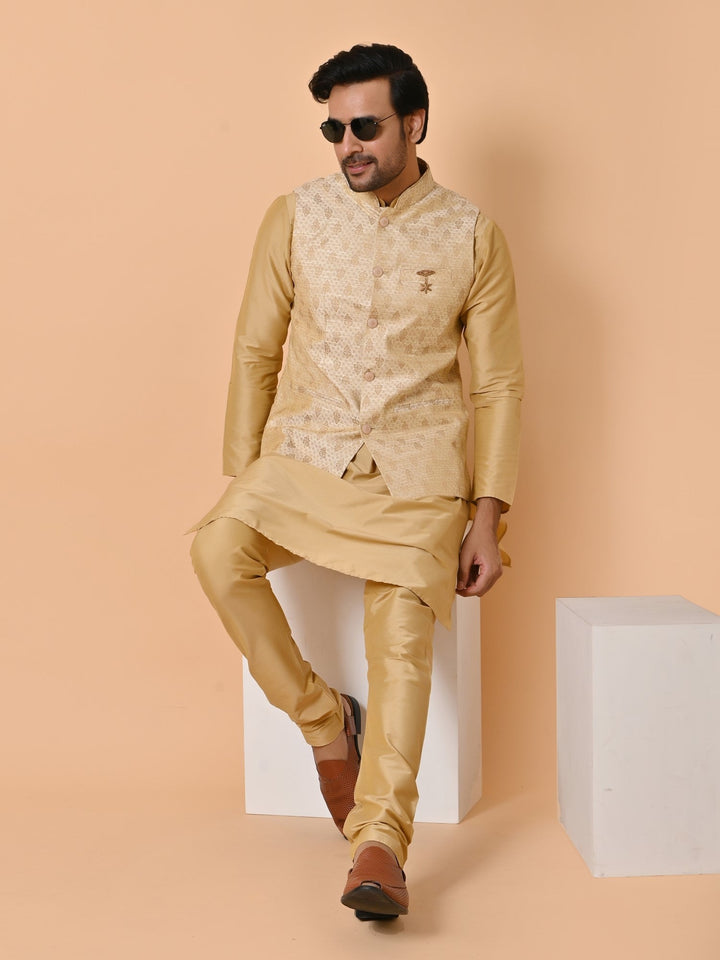 Ethnic Motifs Silk Blend Jacket Kurta Set | Festive Stand Collar Design