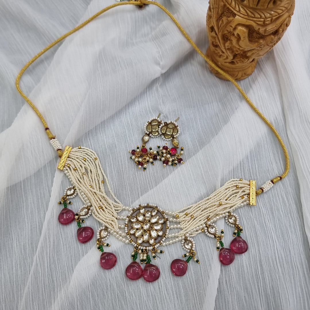 Dark Pink Beads Imitation Jewelry Set, a fancy Indian jewelry design.